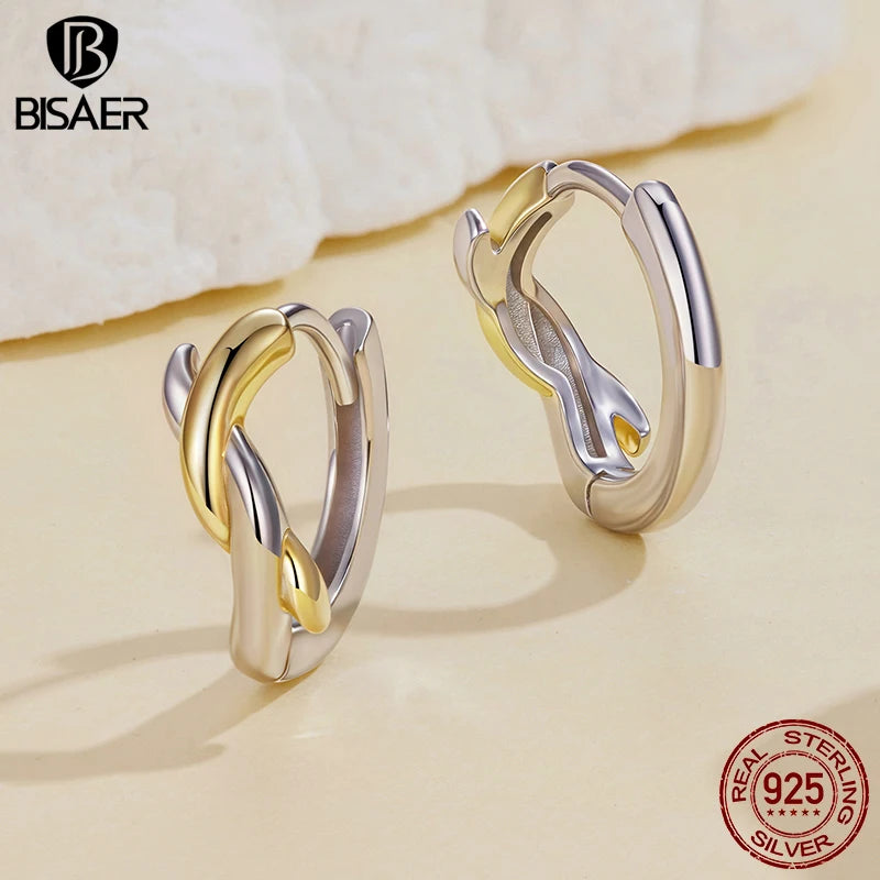 BISAER Real 925 Sterling Silver Cross X Hoop Earrings Two-tones  Minimalist Earrings 14K Gold Plated for OL Women Fine Jewelry