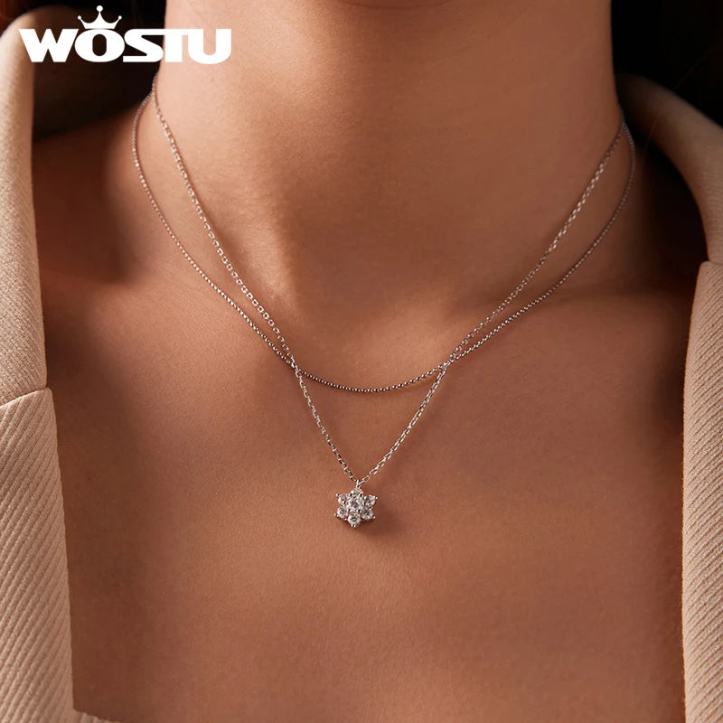 WOSTU Double-layer Moissanite Flower Necklace For Women, D-Color Lab Diamond 925 Sterling Silver Chain Links Valentine's Gift