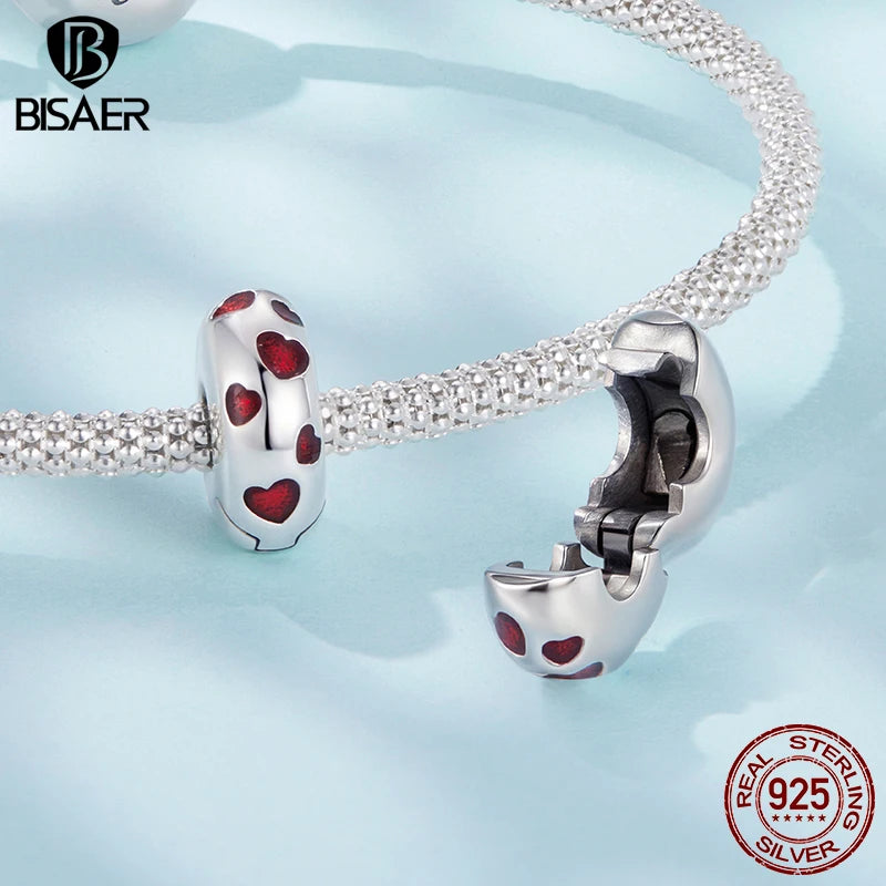 BISAER 925 Sterling Silver Heart Charm Bead Red Enamel Eternal Love Pendant for Women DIY Bracelet & Neckalce Fine Jewelry Gift