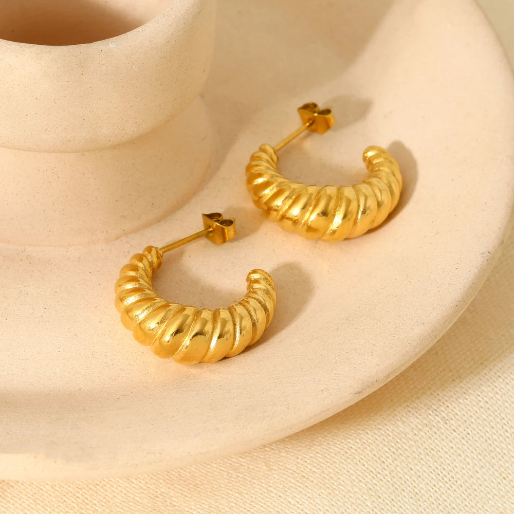 Stylish 18K Gold Plated Stainless Steel Croissant Stud Earrings for Women Waterproof  Texture Hoops Party Gift