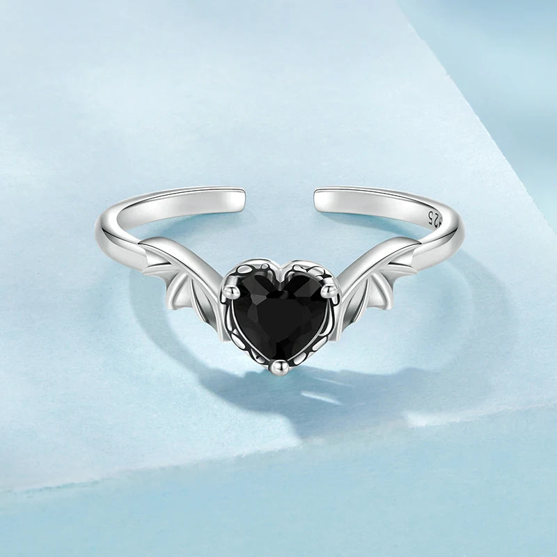 WOSTU 925 Sterling Silver Black Heart Zircon Open Ring For Womem Retro Devil Wing Rings Punk Jewelry Girl Party Birthday Gift