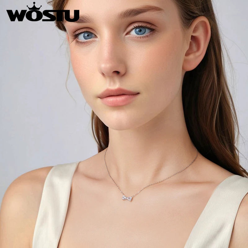 WOSTU Wedding Jewelry Set 925 Sterling Silver Clear CZ Bowknot Necklace Earrings Ring Sweet Bow Knot Jewelry Gift For Girl Lover