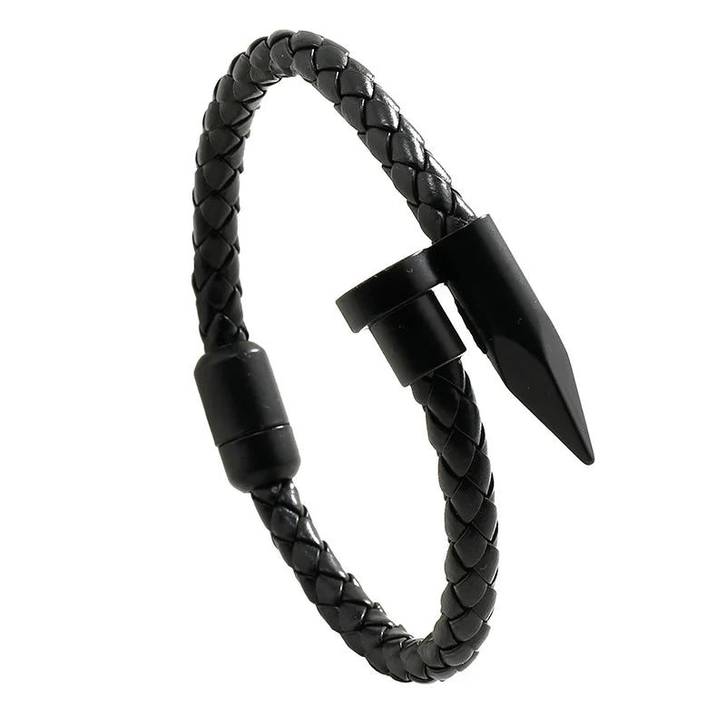 Nail Bullet Bracelet Titanium Steel Leather Leather Rope Bracelet Alloy Magnet Buckle Men's Braided Bracelet Handmade Bracelet