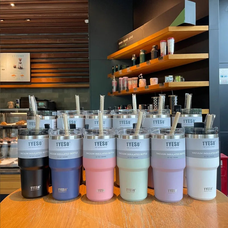 Tyeso 600/890ML Stainless Steel Coffee Mug With Straw Car Water Bottle Vacuum Flask Tumbler Insulated Cup Double Thermos Bottle