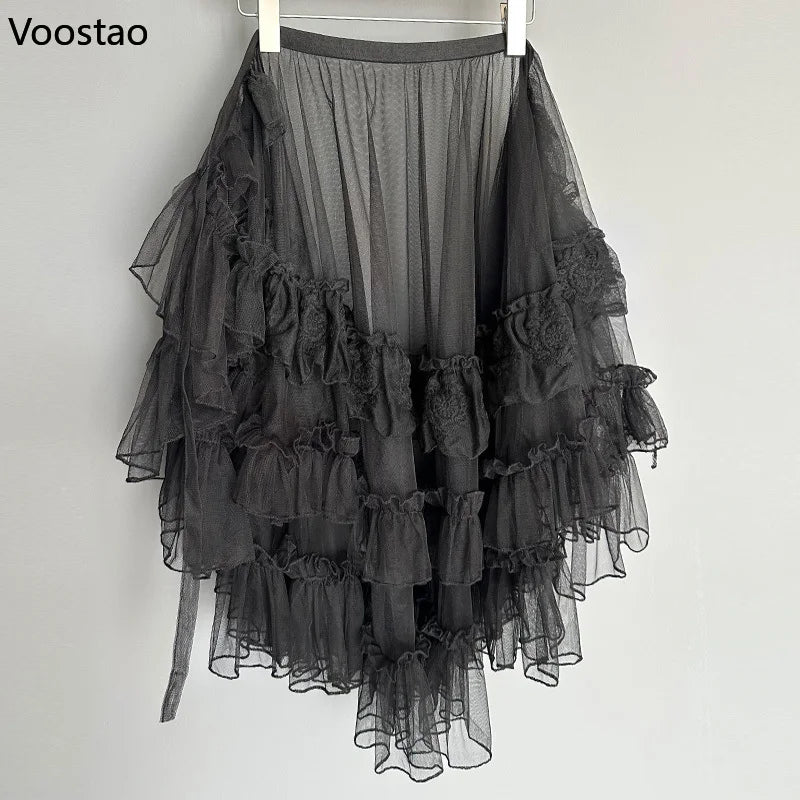 Sweet Lolita Style Double Layer Lace Asymmetrical Ruffles Skirts Women Summer Mesh Cute Curtain Sheer Cover Up Thin Long Skirt