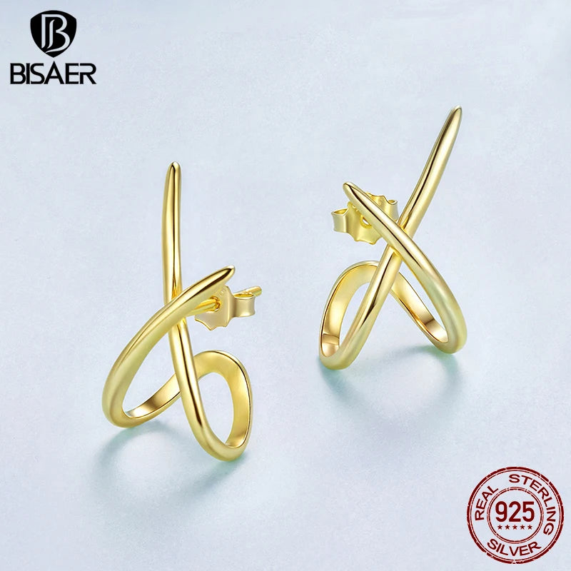 BISAER 925 Sterling Silver Simple X Stud Earrings Minimalist Geometry Lines Stud Ear Plated Gold for OL Women Party Fine Jewelry