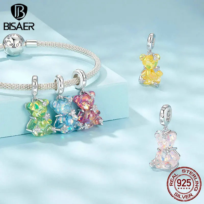 BISAER Pendentif ours rêveur coloré en argent sterling 925 Déclarez votre amour Ours Breloques Perles pour femmes Bracelets DIY Bijoux fins
