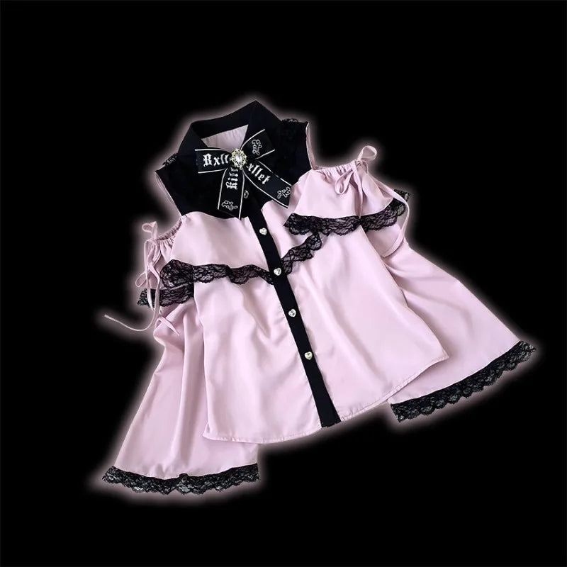 Japanese Gothic Lolita Shirts Women Vintage Kawaii Lace Ruffles Off Shoulder Long Sleeve Blouses Y2k Aesthetic Sweet Tops Blusas