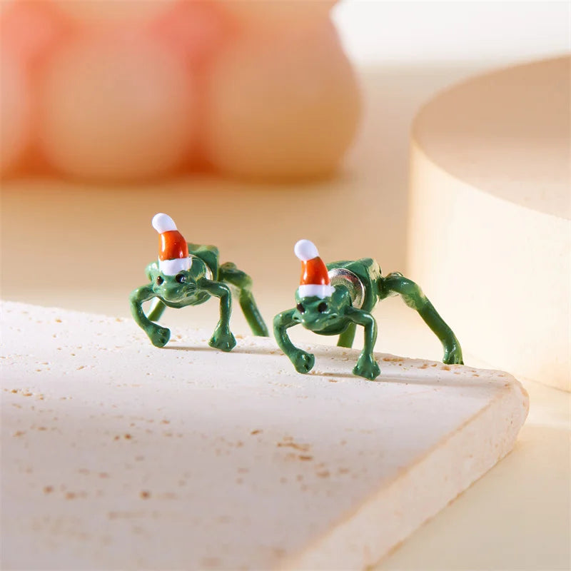Creative Cute Animal Green Frog Toad Earrings For Women Funny Frog Wear A Santa Hat Piercing Earring Christmas Party Jewelry