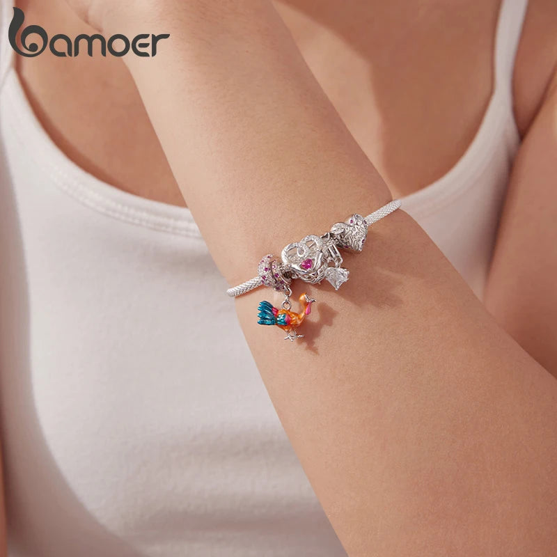 Bamoer 925 Sterling Silber Thanksgiving Truthahn Anhänger mit roten Herzperlen für Damen Armband Accessoires DIY Weihnachtsgeschenk