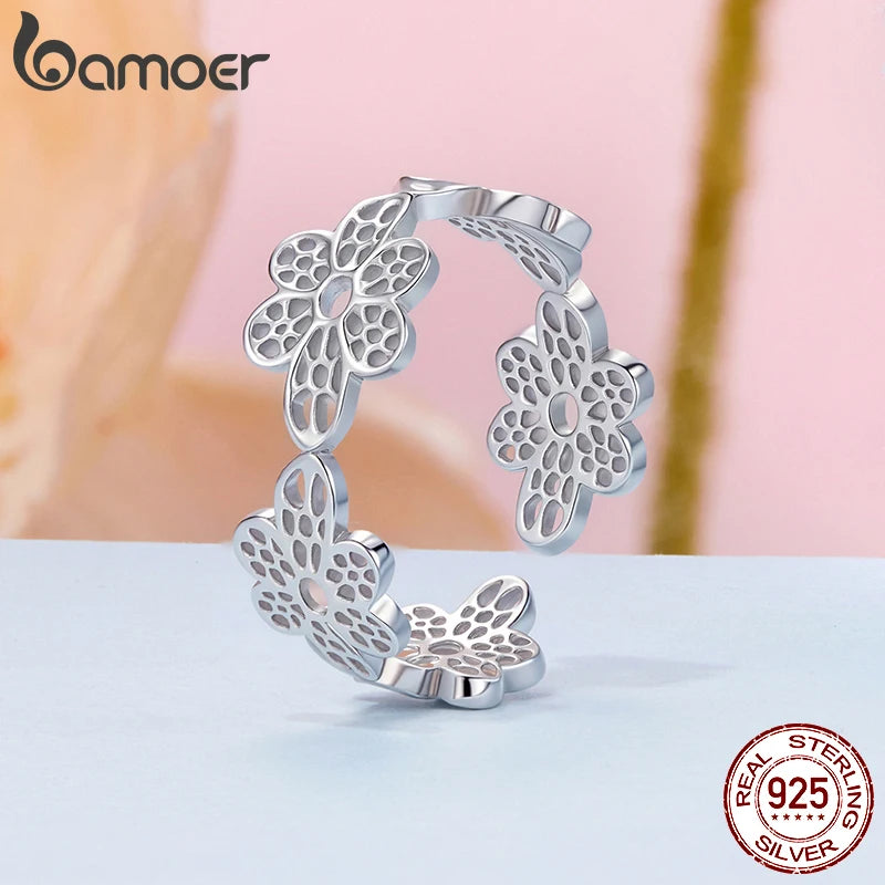 BAMOER 925 Sterling Silber Spitzenblumenring, verstellbar, zierlich, offener Daumenring für Damen, SBSR660-E