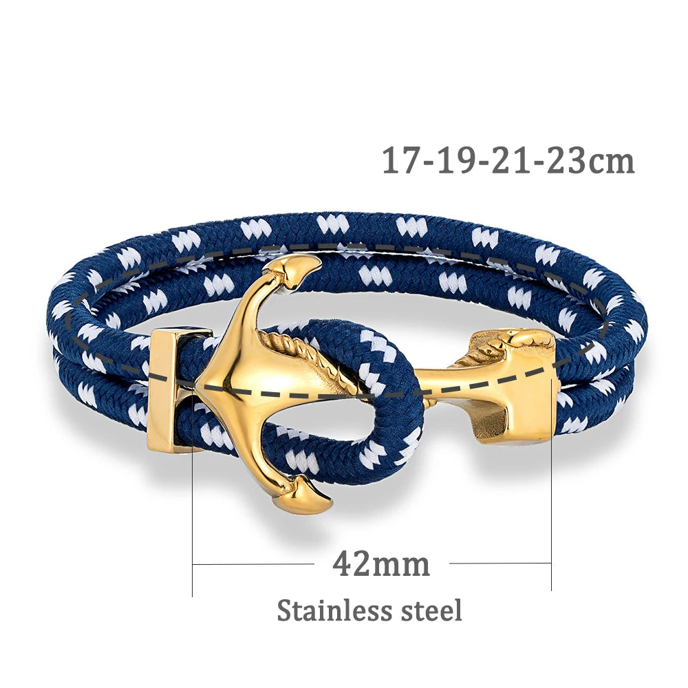 MKENDN Anker-Armbänder Herren Doppelsträngiges nautisches Surfer-Armband aus wasserdichtem Nylonseil Damen vergoldetes 316L Sport-Schließe