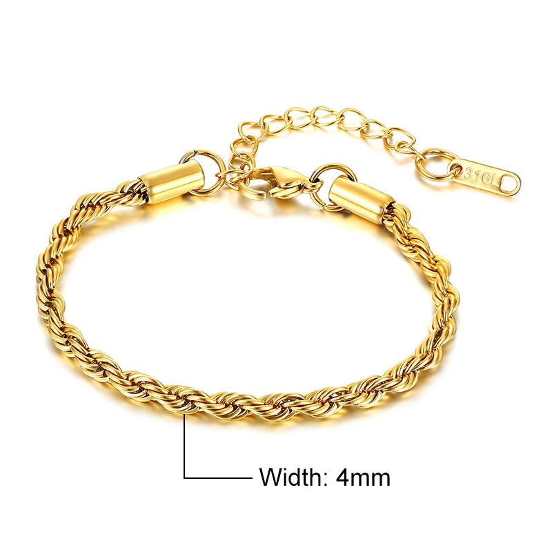 Vnox Unisex Rope Chain Bracelets for Men Women, Stainless Steel Twisted Links Chain Bracelet,Simple Classic Jewelry Gift for Him - Madeinsea©