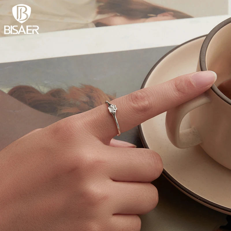 BISAER 925 Sterling Silver Cute Pet Paw Open Ring Adjustment Size 5-9 Band for Women Party Original Fine Jewelry ECR1125-E
