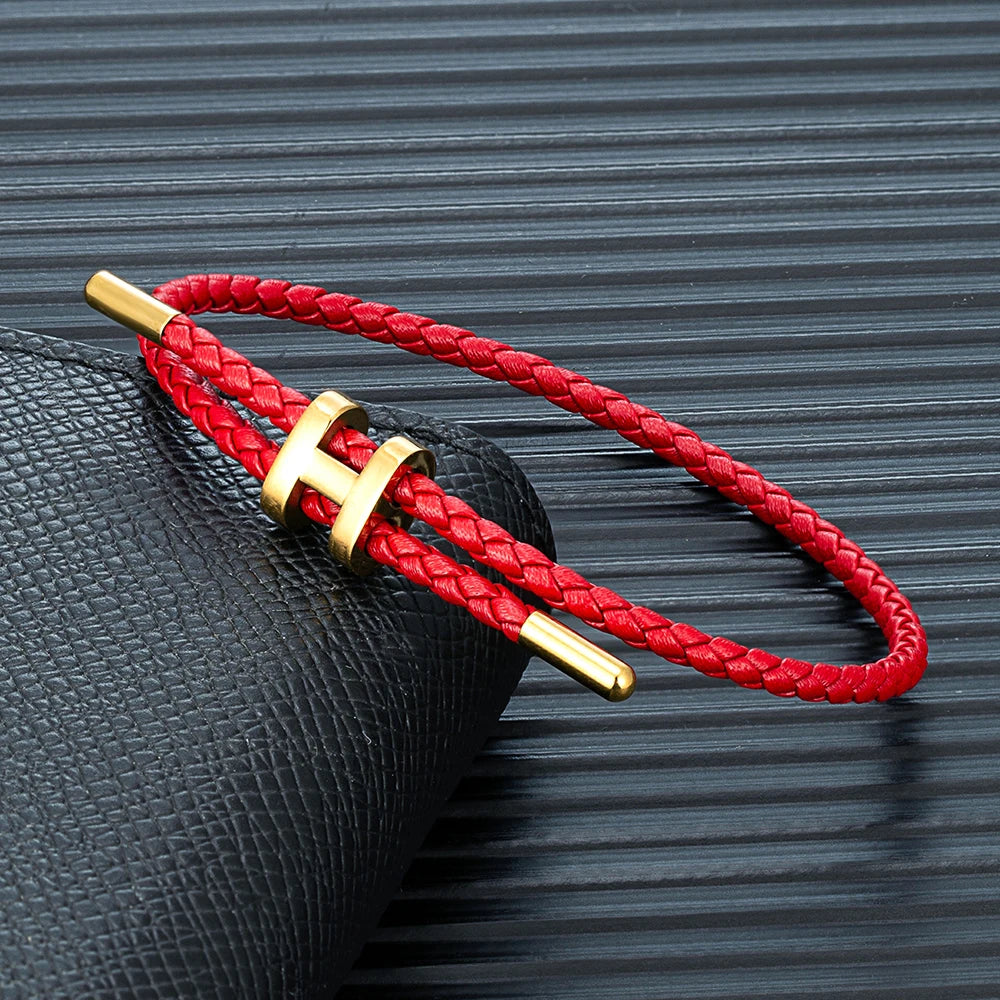 MKENDN Adjustable 3mm Red Braided Leather Bracelet for Men & Women Stainless Steel Jewelry Classic Simple Unisex Couple Gift
