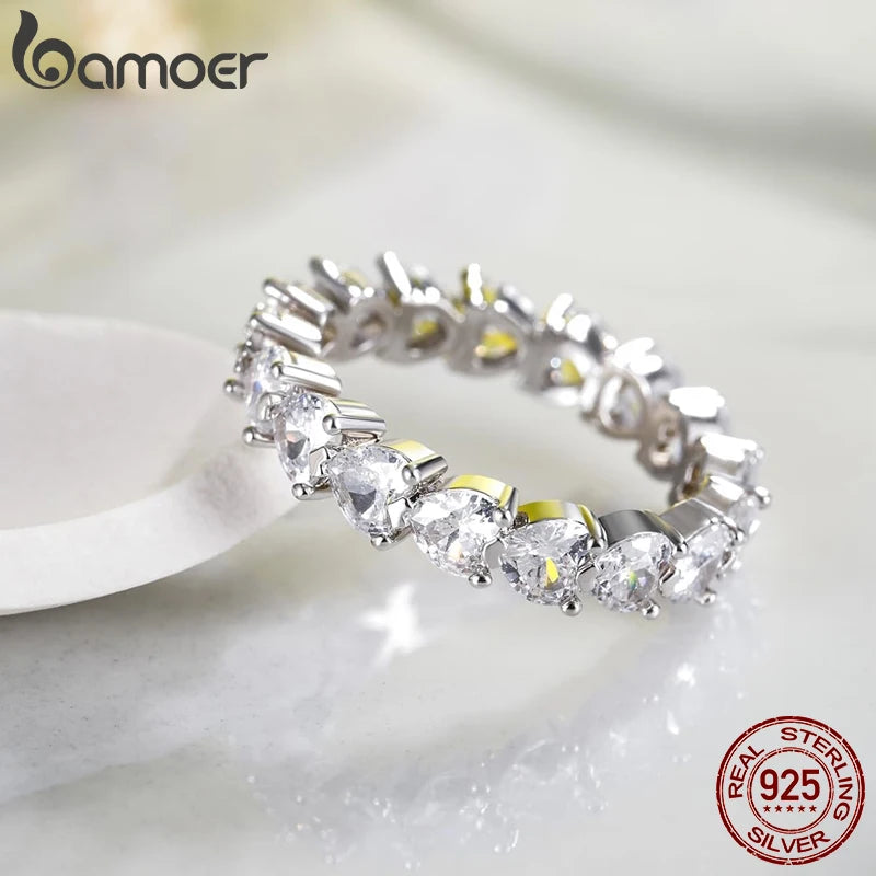 BAMOER 925 Sterling Silber Stapelbarer Herzring mit funkelndem Zirkonia-Band Fingerring für Damen Verlobungs- und Liebesgeschenk
