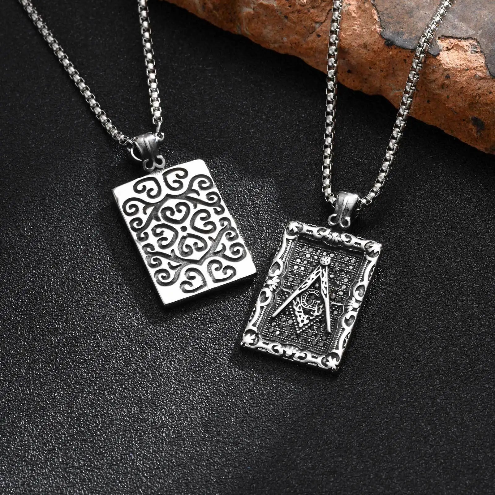 Vnox Mens Freemasonry Necklaces,Geometric Rectangular Badge with Masonry Pendant, US Style Accessory Gift