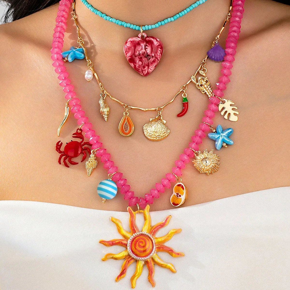 Summer Beach Vacation Sea Star Conch Shell Pendant Short Necklace