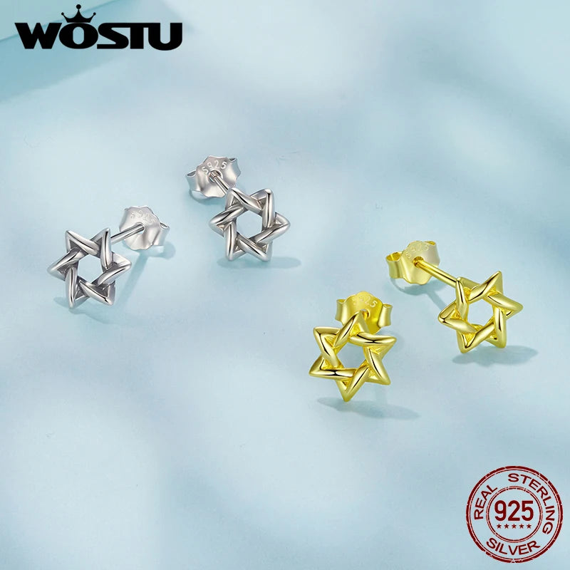 WOSTU Real 925 Sterling Silver Vintage Hexagram Rings Star Stud Earrings For Women Hollow Out Earring Adjustable Guardian Rings