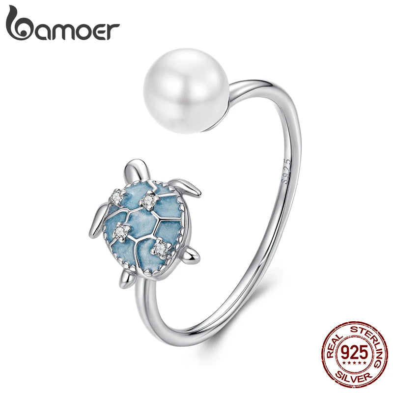 BAMOER Ring aus massivem 925er Sterlingsilber mit Schildkröte und Perle, Stapelring, niedliche Tiermotive, verstellbarer offener Ring, Geburtstagsgeschenk