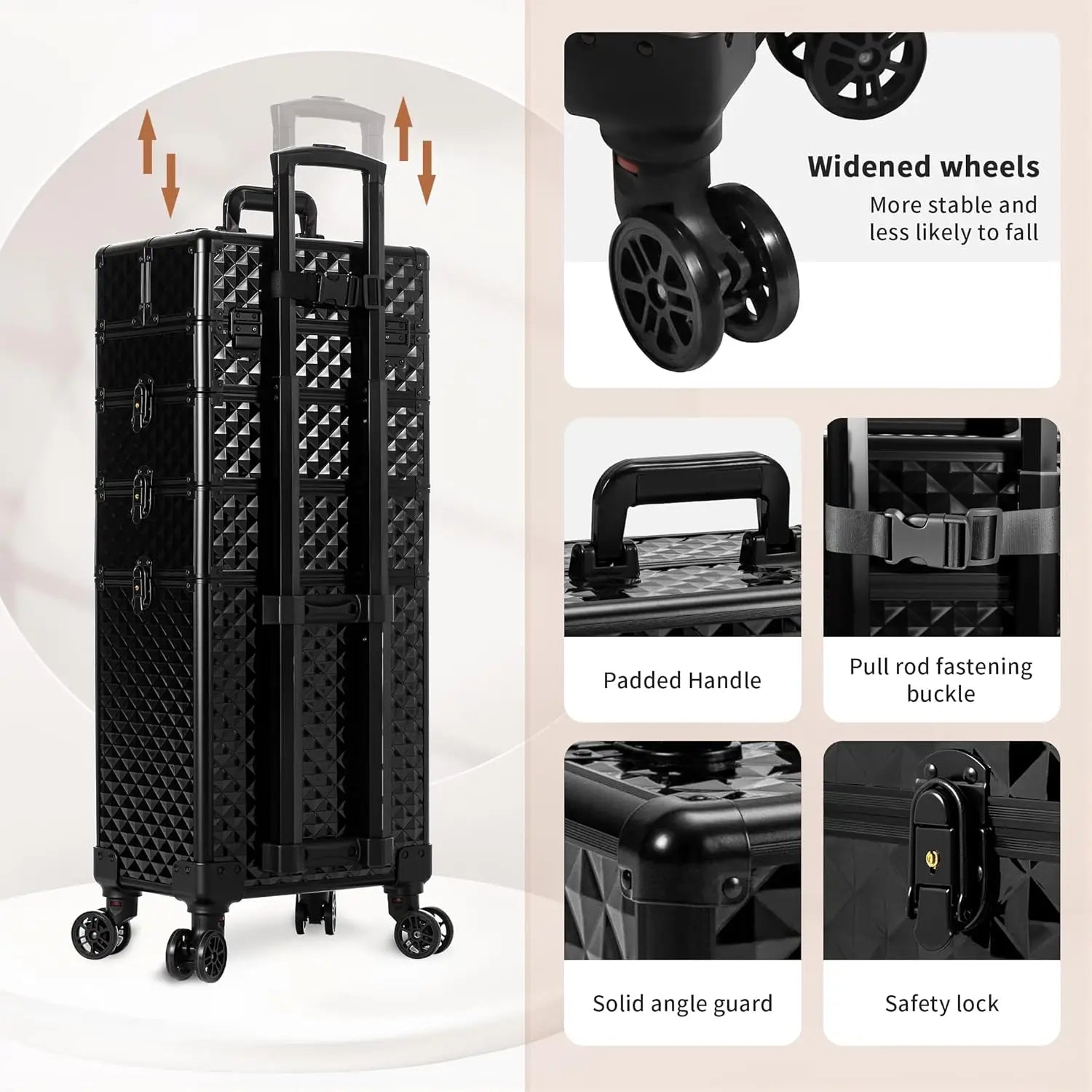 Rolling Makeup Train Case 4 in 1 Cosmetology Case on Wheels Large Storage Cosmetic Trolley with Key Salon Barber Case