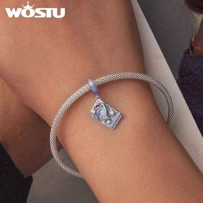 WOSTU 925 Sterling Silver The World Tarot Card Charm Pendant For Women , Original Rainbow Beads DIY Jewelry making