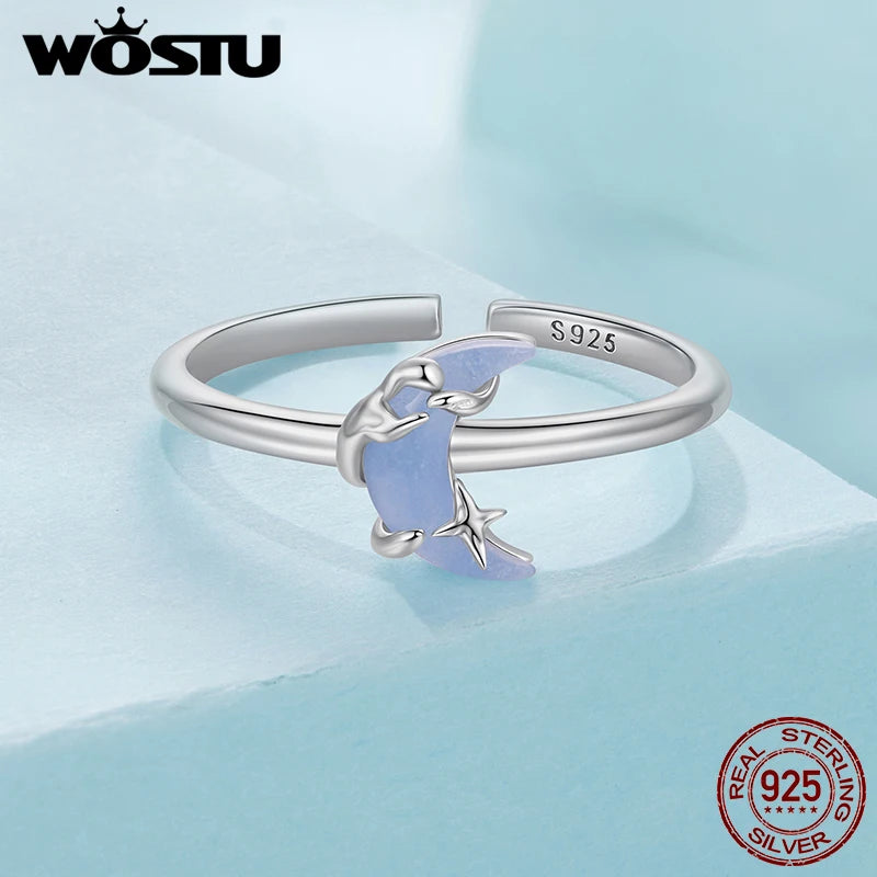 WOSTU 925 Sterling Silver Luminous Ring, Glow in The Dark Moon Star Ring for Women, Star Moon Minimalist Astronogy Lover Gift