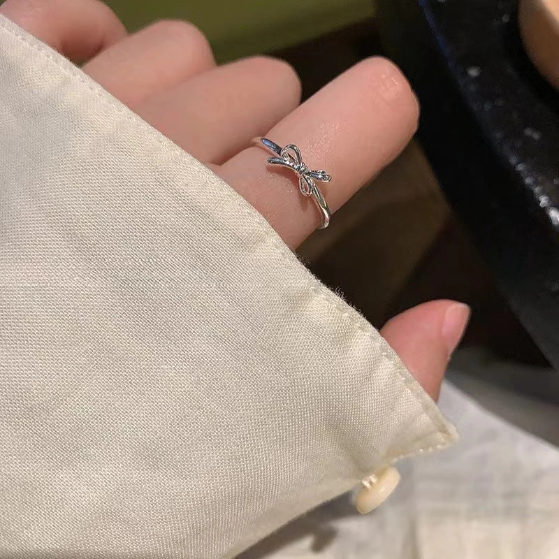 Fashion Bow Ribbon Rings For Women Girls Silver Color Sweet Cute Geometric Bow Knot Opening Finger Ring Wedding Party Jewelry