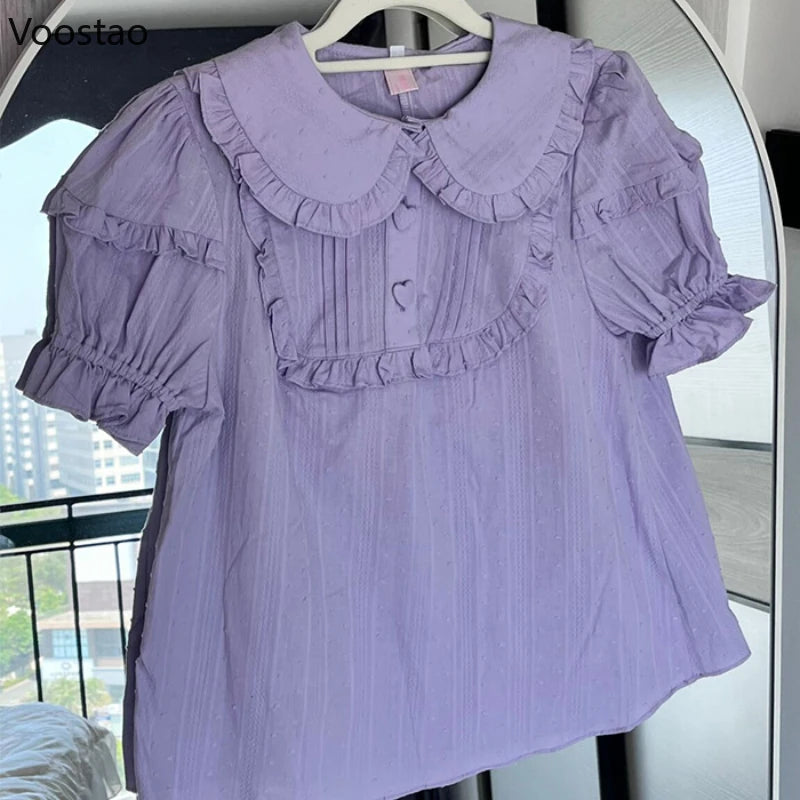 Japanische Sweet Lolita Blusen für Damen, niedliche Rüschen, Peter-Pan-Kragen, Puffärmel, JK-Shirts, Vintage-Kawaii-Tops für Mädchen, lockere Passform.