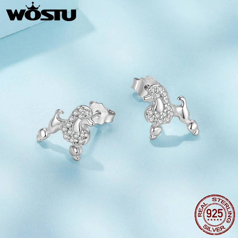 WOSTU 925 Sterling Silver Mini AAA Zircon Pet Cat Dog Stud Earrings For Women Lovely Poodle Dachshund Animal Studs Family Gift