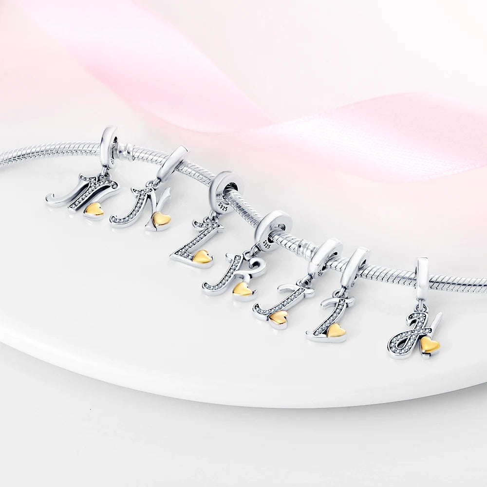 Classic 925 Sterling Silver 26 Gold Color Heart Zircon Letter A-Z Charms Beads Fit Original Bracelets DIY Birthday Jewelry Gift