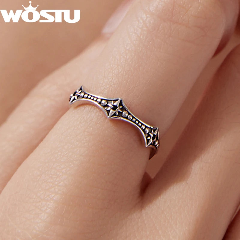 WOSTU 925 Sterling Silver Vintage Start Beaded Ring With Black Zircon, Black Unique Gothic Wavy Rings Jewelry Punk Gift