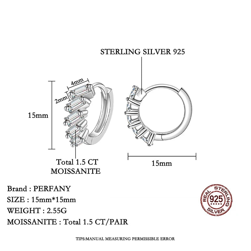 PERFANY 1.5CT Emerald Cut All Moissanite Hoop Earrings Women's 100% Pure Silver Laboratory Diamond Wedding Luxury Jewelry - Madeinsea©