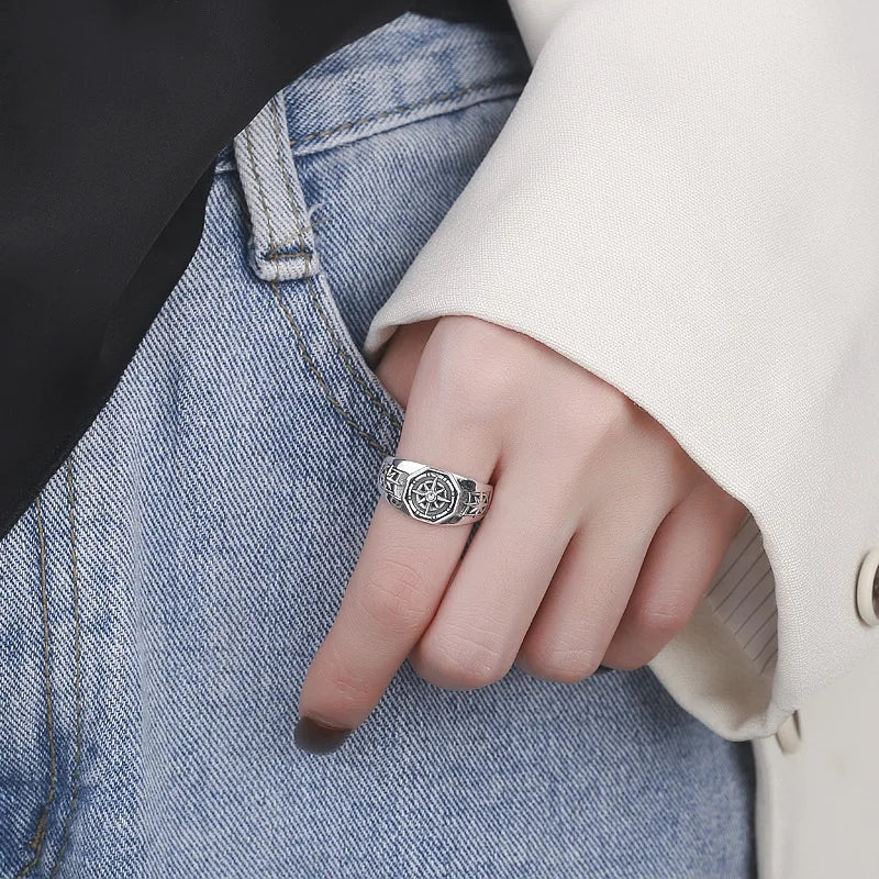 Retro Poseidon Compass Ring Silver-Plated Hexagram Opening Adjustable Ring Men and Women Hip-Hop Trend Jewelry Gift