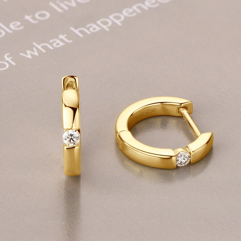 OXTAO 14K Gold Plated Moissanite Hoop Earrings Lab Diamond Simple Single Stone Stud Jewelry Gift 925 Sterling Silver for Women