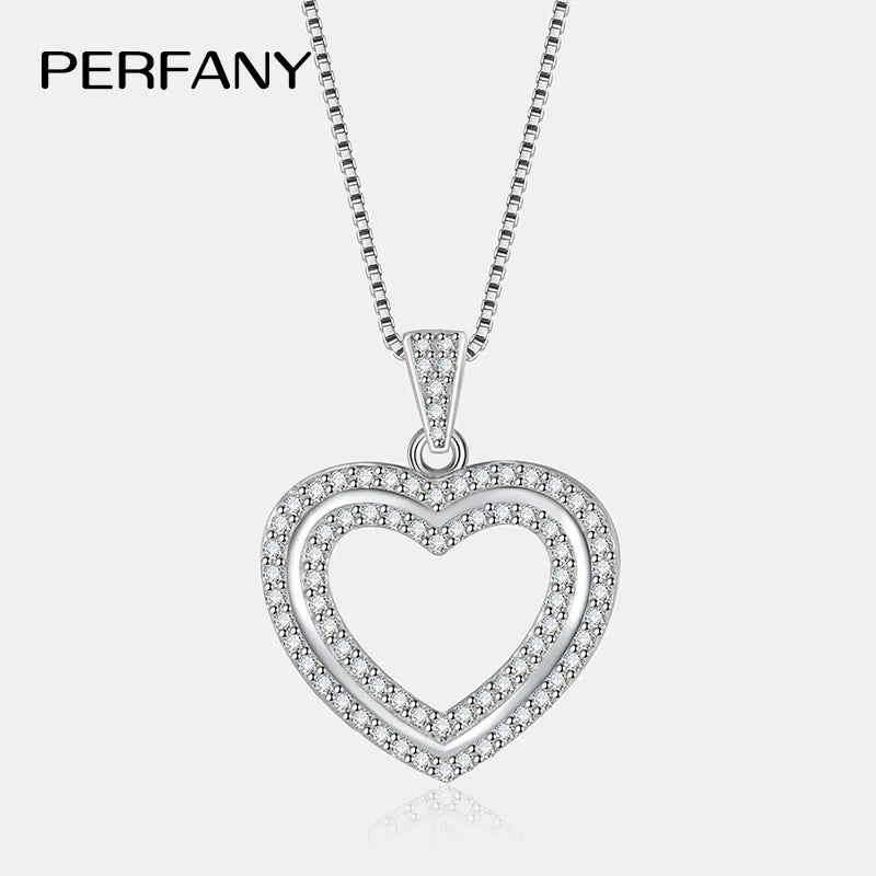 PERFANY Full Moissanite Heart Necklace for Women S925 Pure Silver Sparkling Double layered Heart Pendant Sweet Luxury Jewelry