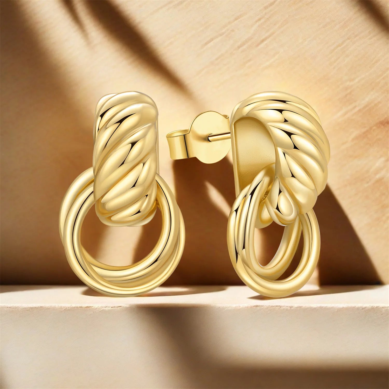 PANPOKI  925 Sterling Silver Gold Versatile Double Ring Earrings Stud Earrings For Lady S925 Jewelry Party Anniversary Gifts