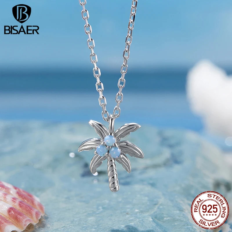 BISAER  925 Sterling Silver Coconut Tree Necklace Opal Adjustable Chain Plated White Gold For Women Wedding Fine Jewelry ECN537