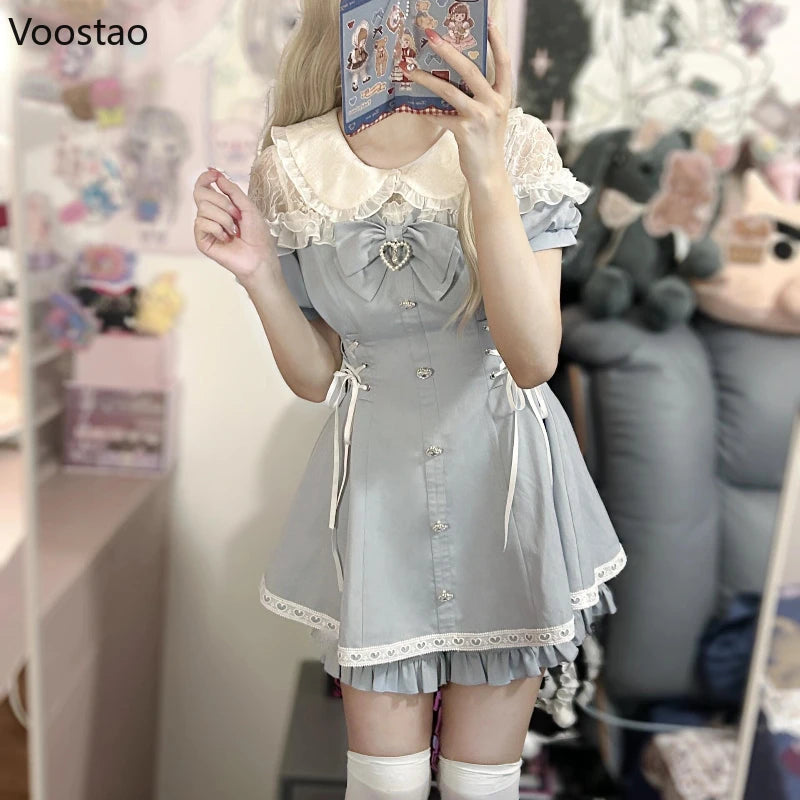 Japanese Style Sweet Bow Dress Shorts Set Women Kawaii Lace Puff Short Sleeve Shirt Dresses Female Gothic Y2k Lolita Outfits