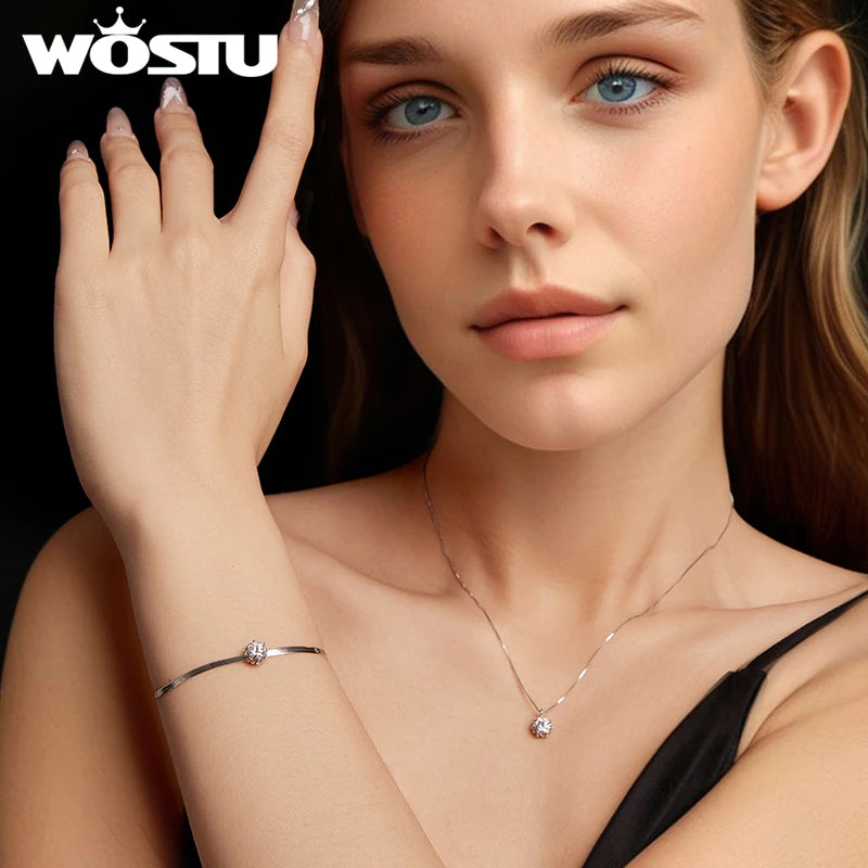 WOSTU Moissanite Wedding Jewelry 4 Set For Women 925 Sterling Silver Romantic Flower Enegagement Necklace Bracelet Earring Ring
