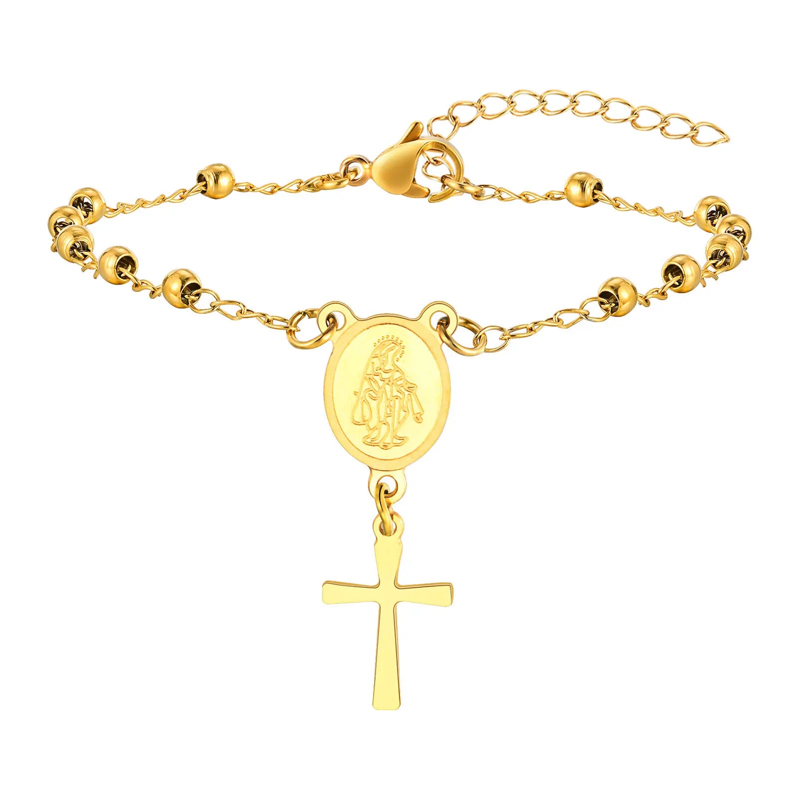 Vnox Rosary Bracelet for Women Girls, Gold Plated Stainless Steel Religious Cross and Virgin Mary Prayer Bracelets Gifts