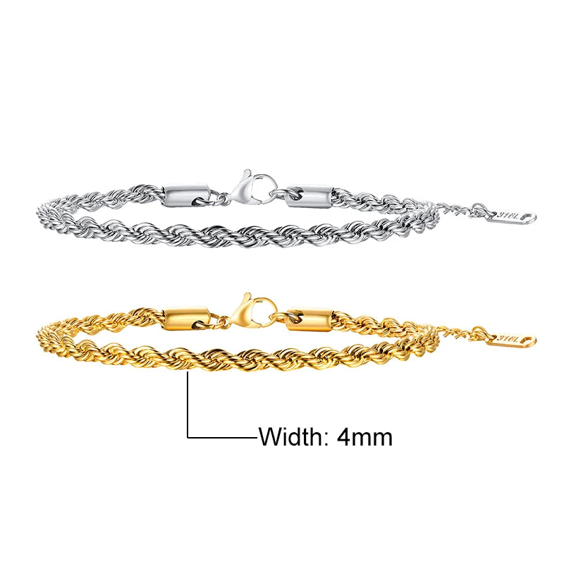 Vnox Unisex Rope Chain Bracelets for Men Women, Stainless Steel Twisted Links Chain Bracelet,Simple Classic Jewelry Gift for Him - Madeinsea©
