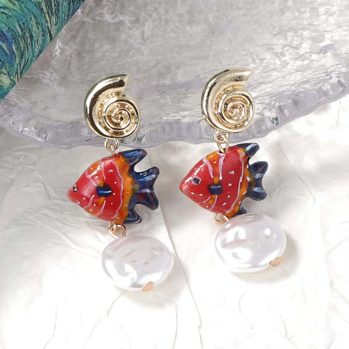 2025 New Alloy Sea Star Conch Colored Fish Long Earrings