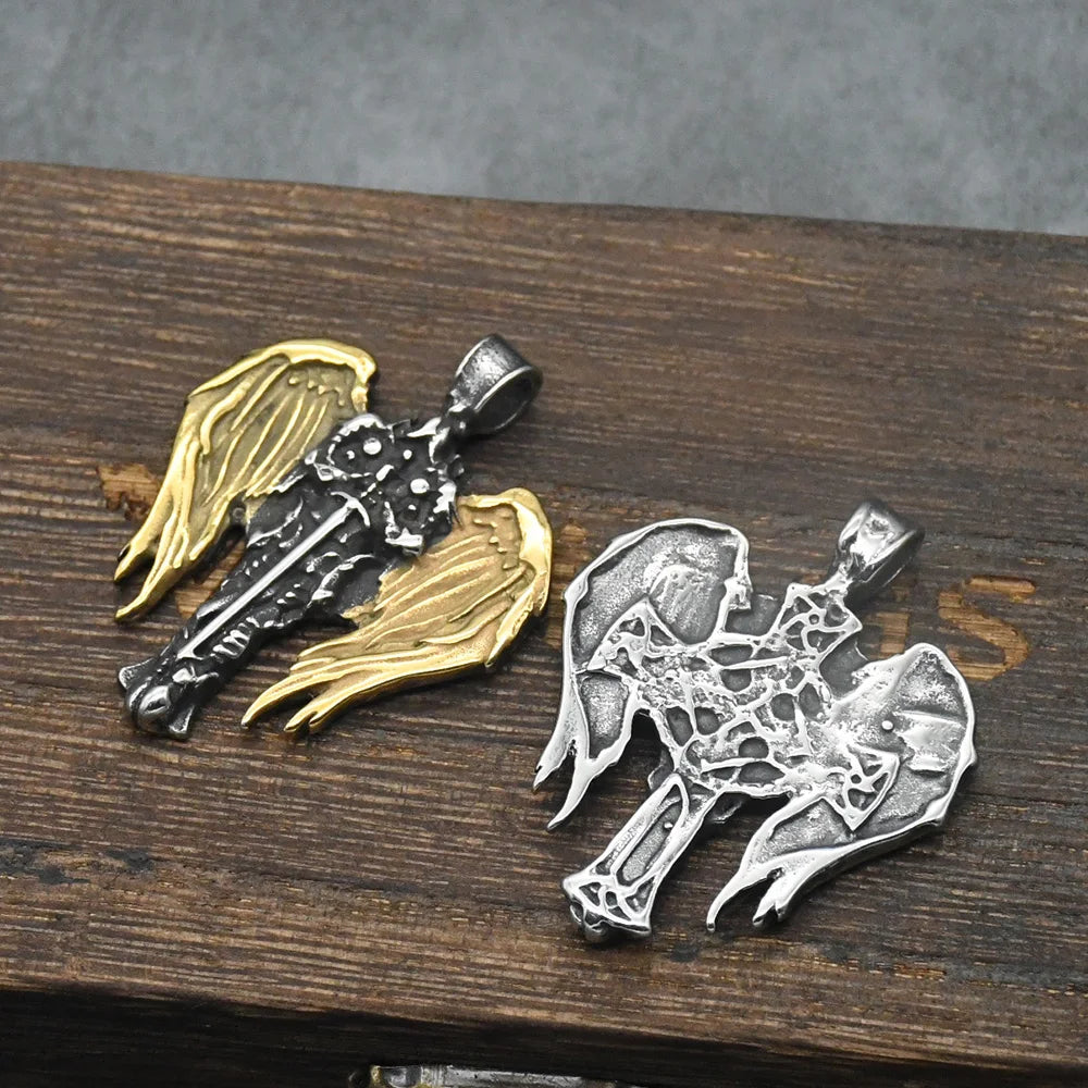 Norse Men's Knight Archangel Wings Pendant Guardian Angel Christian Amulet Necklace Holder Fashion Male Jewelry Gift
