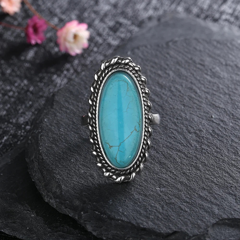 Vintage Sterling Silver 925 Big Stone 11*25mm Natural Turquoise Ring Retro Design Fine Jewelry Gifts Finger Ring For Women