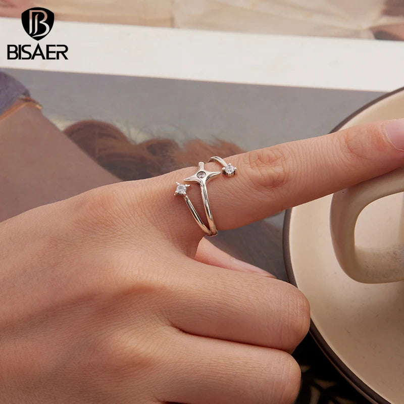 BISAER 925 Sterling Silver Multi-layered Starry Open Ring Sparkling Zircon Adjustable Size 5-9 Band for Women Party Fine Jewelry