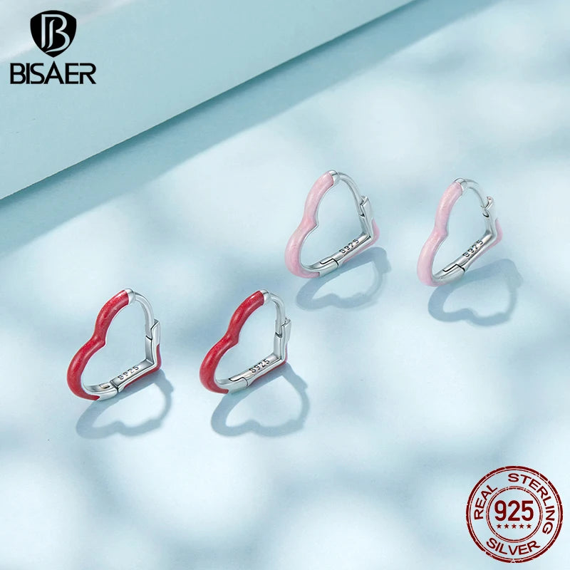 BISAER 925 Sterling Silver Dopamine Heart Hoop Earrings Minimalist Love Enamel Stud Ear for Women Original Party Fine Jewelry