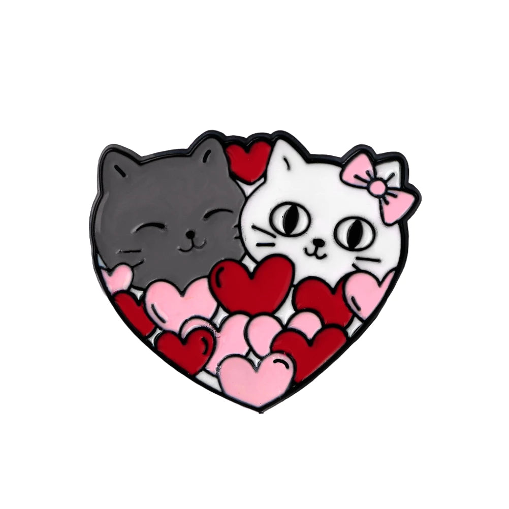 New Wink Cat With Red Heart Shape Brooch Cute Cup Kitty Enamel Pins Cat Lover Collection Badges Jewelry Gift for Friend