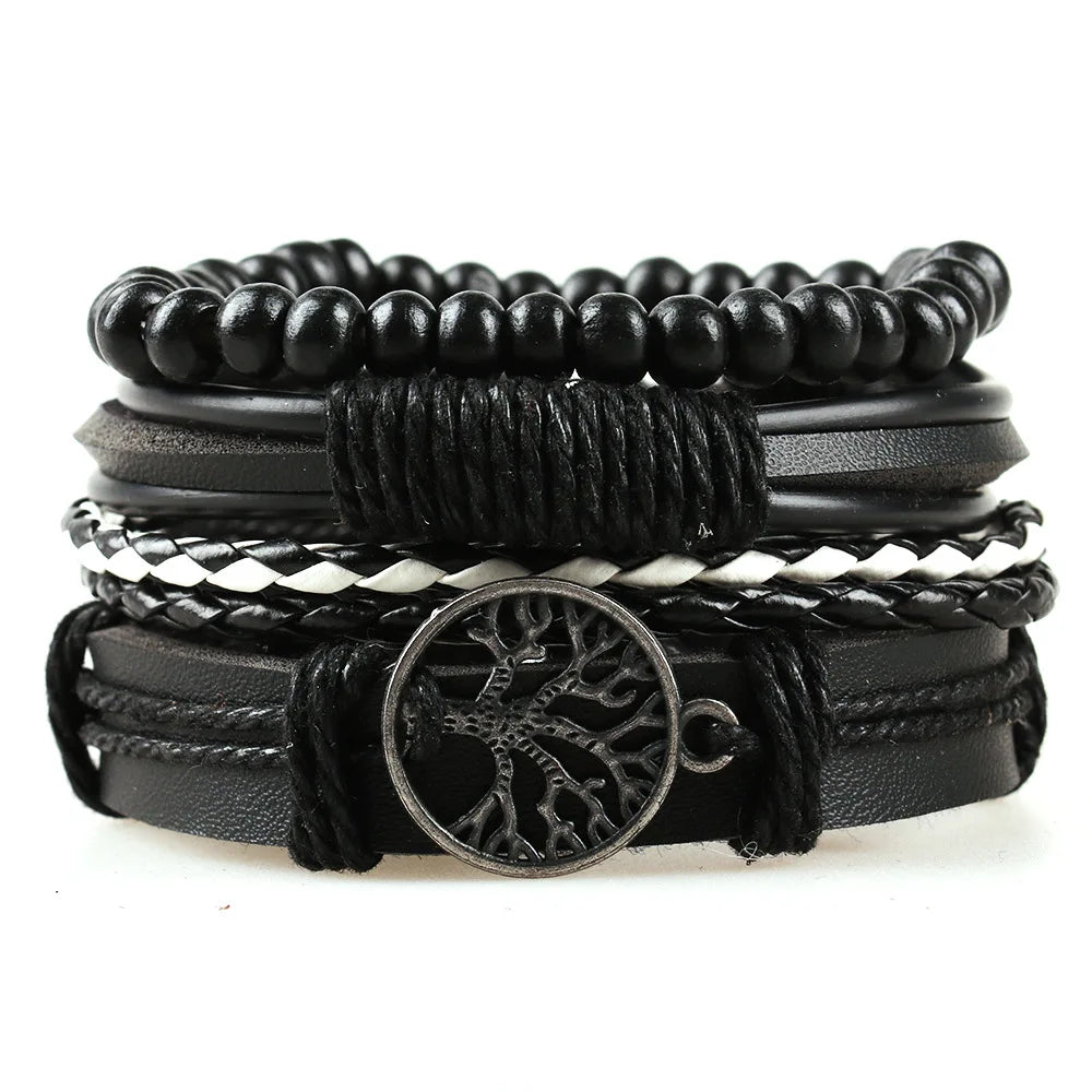 Ensemble de quatre accessoires en alliage Arbre de Vie : bracelet en cuir pour homme, perles en bois et ornement en cuir tissé à la main.
