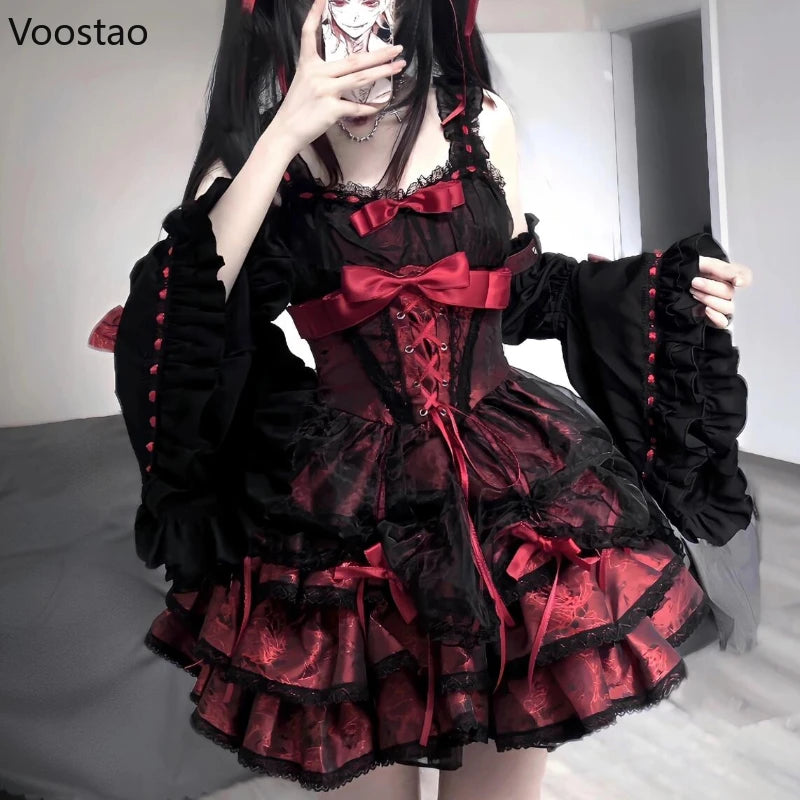 Japanese Gothic Lolita Jsk Dress Women Harajuku Y2k Bow Lace Ruffles Evening Party Mini Dresses Punk Kawaii Black Red Vestidos